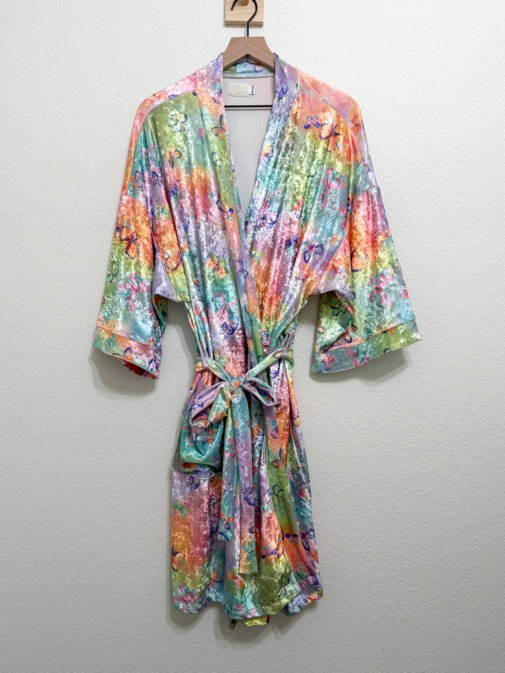Vintage Butterfly Print Velvet Colorful Tie Dye Kimono Robe